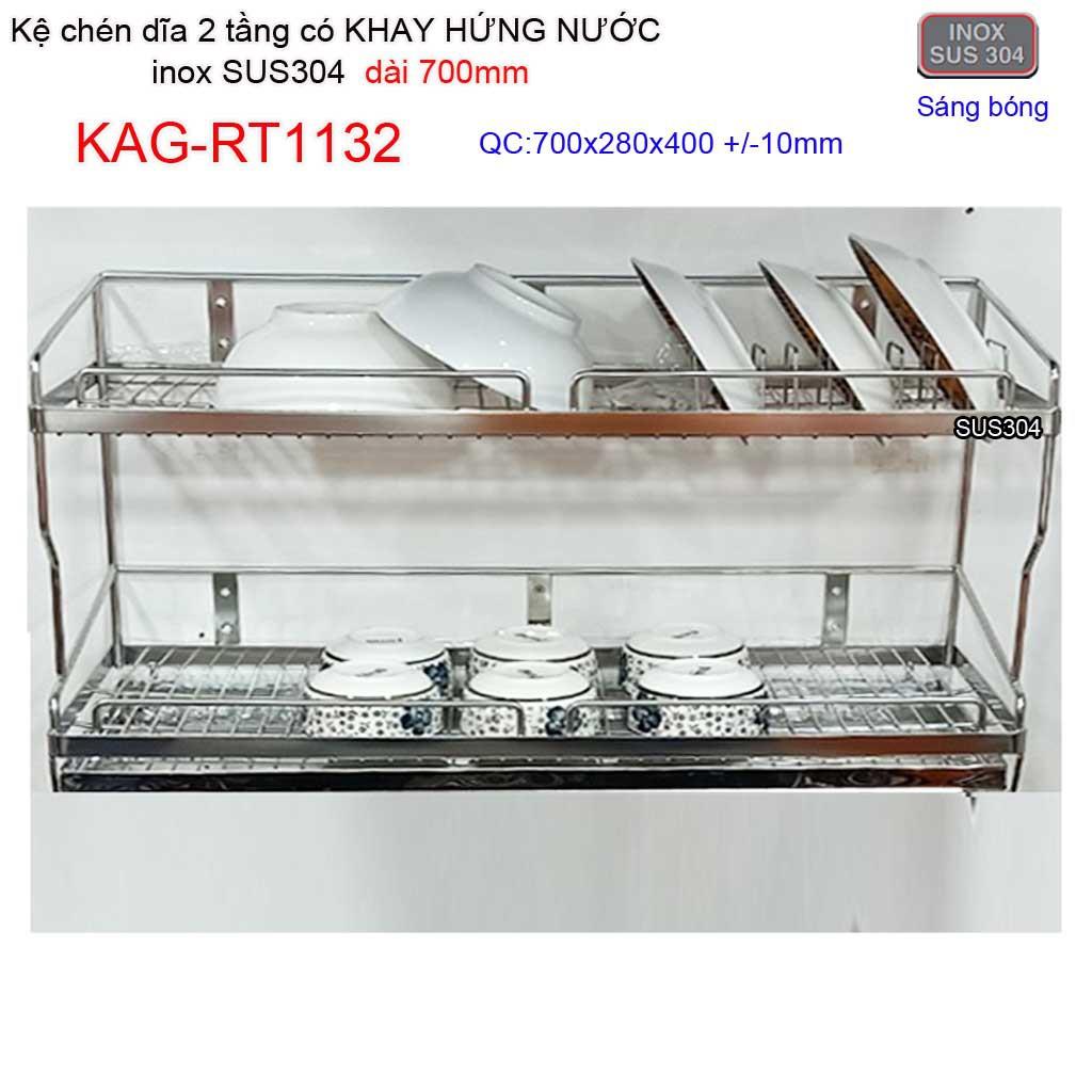 Kệ đựng chén bát có khay hứng nước inox sus304, kệ úp chén dĩa 2 tầng dài 70cm KAG-RT1132