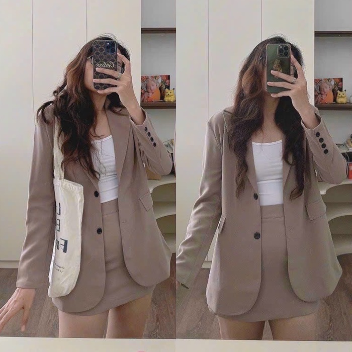 ĐẦM SET ÁO KHOÁC BLAZER VEST RỘNG TAY DÀI + CHÂN VÁY NGẮN CHỮ A LƯNG CAO SUÔNG TRƠN + ÁO 2 DÂY ĐI CHƠI ĐI TIỆC DẠO PHỐ CÔNG SỞ