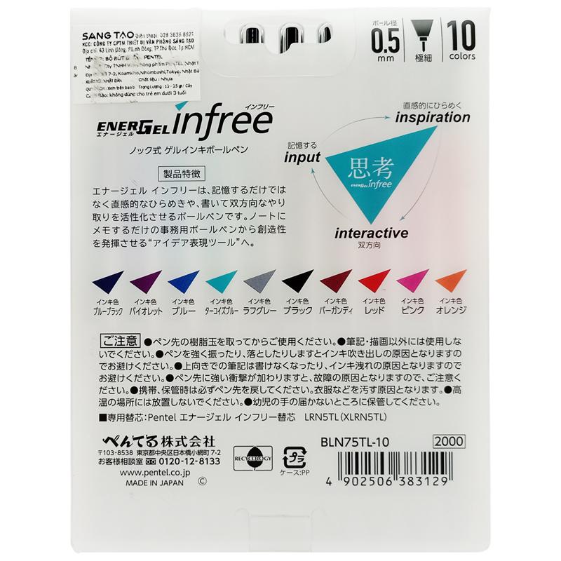 Hộp 10 Bút Bi Gel Energel Infree - Pentel-BLN75TL-10