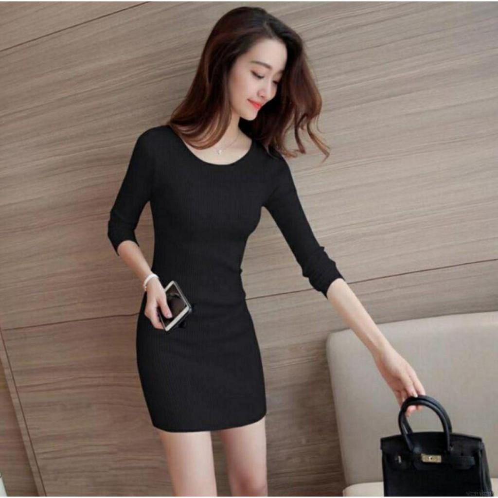 Váy Body Dài Tay dài cổ tròn Chất Thun Gân Đẹp