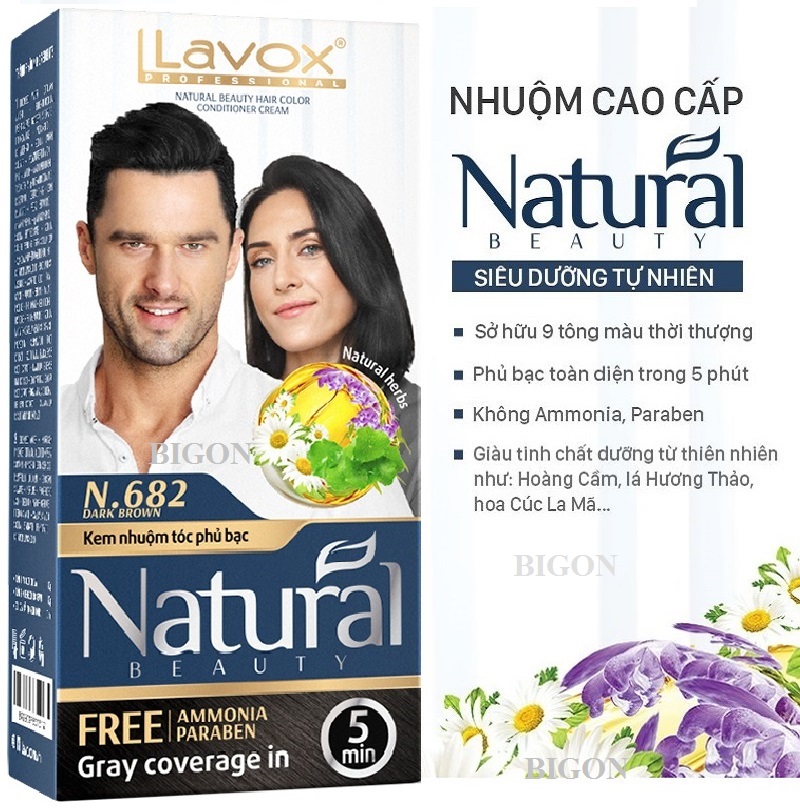 Kem Nhuộm Phủ Bạc Cao Cấp Siêu Dưỡng, Tự Nhiên Lavox - N.682 Dark Brown