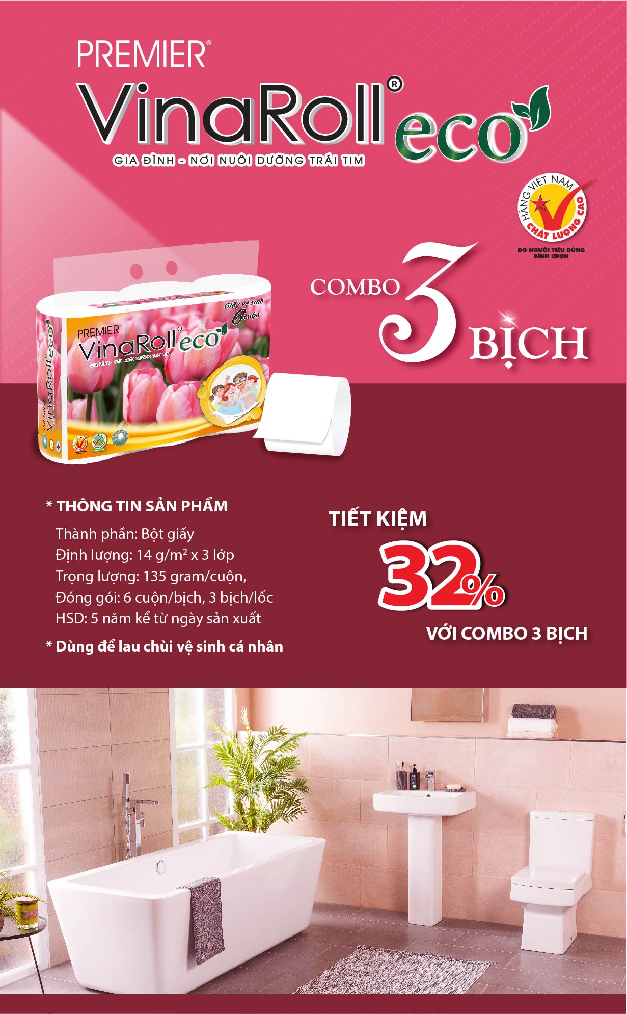 Giấy vệ sinh Premier VinaRoll Eco không lõi, 3 lớp 100% bột giấy nguyên sinh, không chất tẩy lốc 6 cuộn