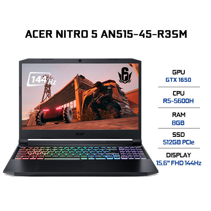 Laptop Acer Nitro 5 AN515-45-R3SM NH.QBMSV.005 (AMD R5-5600H/ 8GB DDR4 3200MHz/ 512GB SSD M.2 PCIE/ GTX 1650 4GB GDDR6/ 15.6 FHD IPS, 144Hz/ Win10) - Hàng Chính Hãng