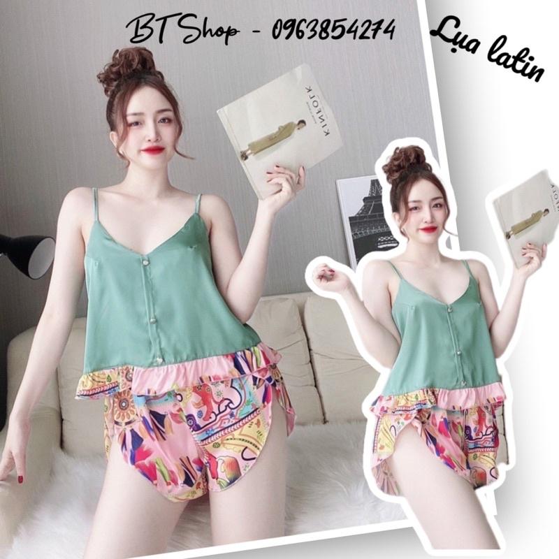 Đồ ngủ mặc nhà lụa latin hoạ tiết quần đùi freesize 42-57kg