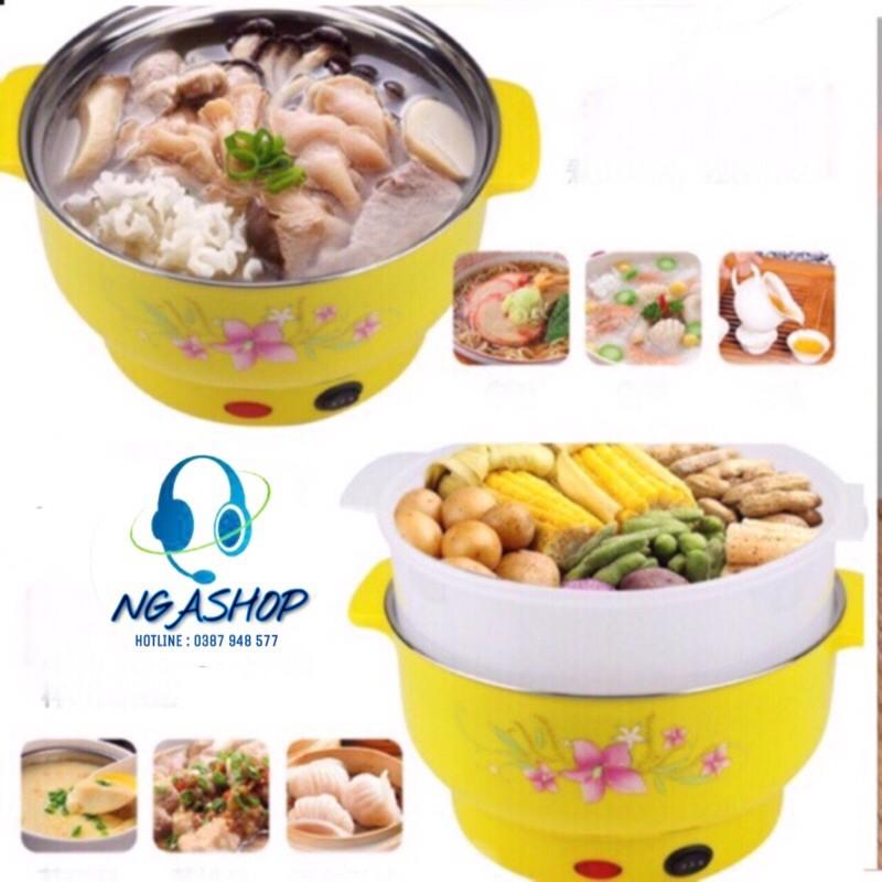Nồi lẩu điện đa năng mini tròn kèm hấp xửng lòng chảo màu trắng inox 22cm màu vàng , hồng