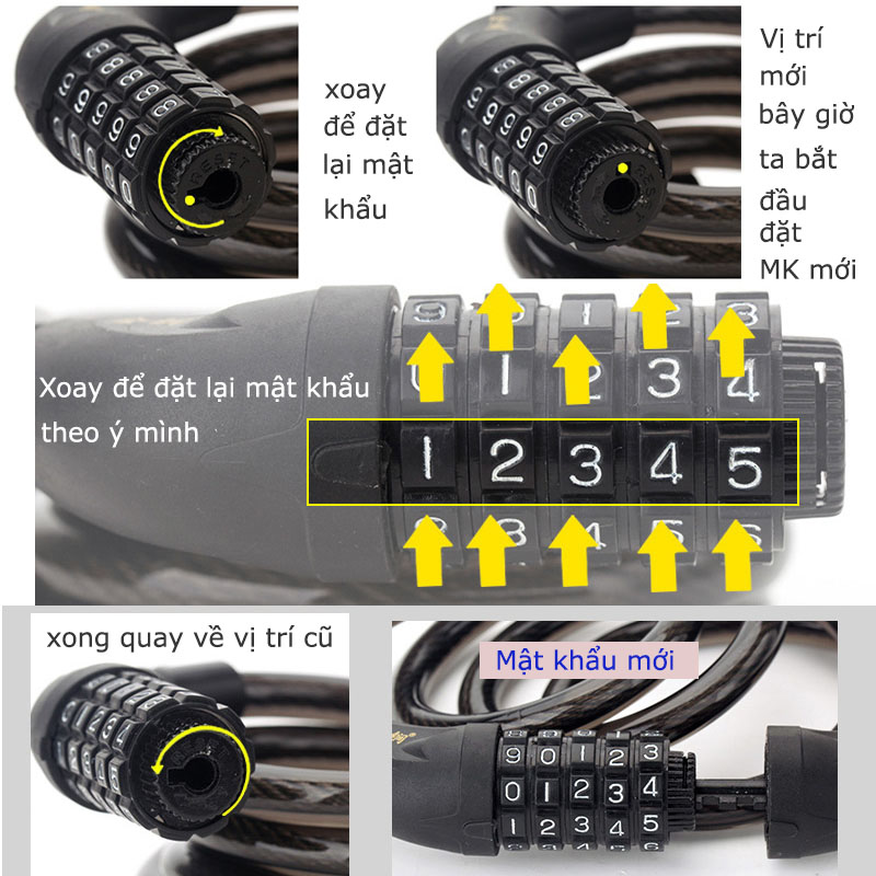 Khóa số dây chống trộm xe đạp, loại 5 mã số, có thể thay đổi được mã số, kích thước D1.2cm dài 1.2m