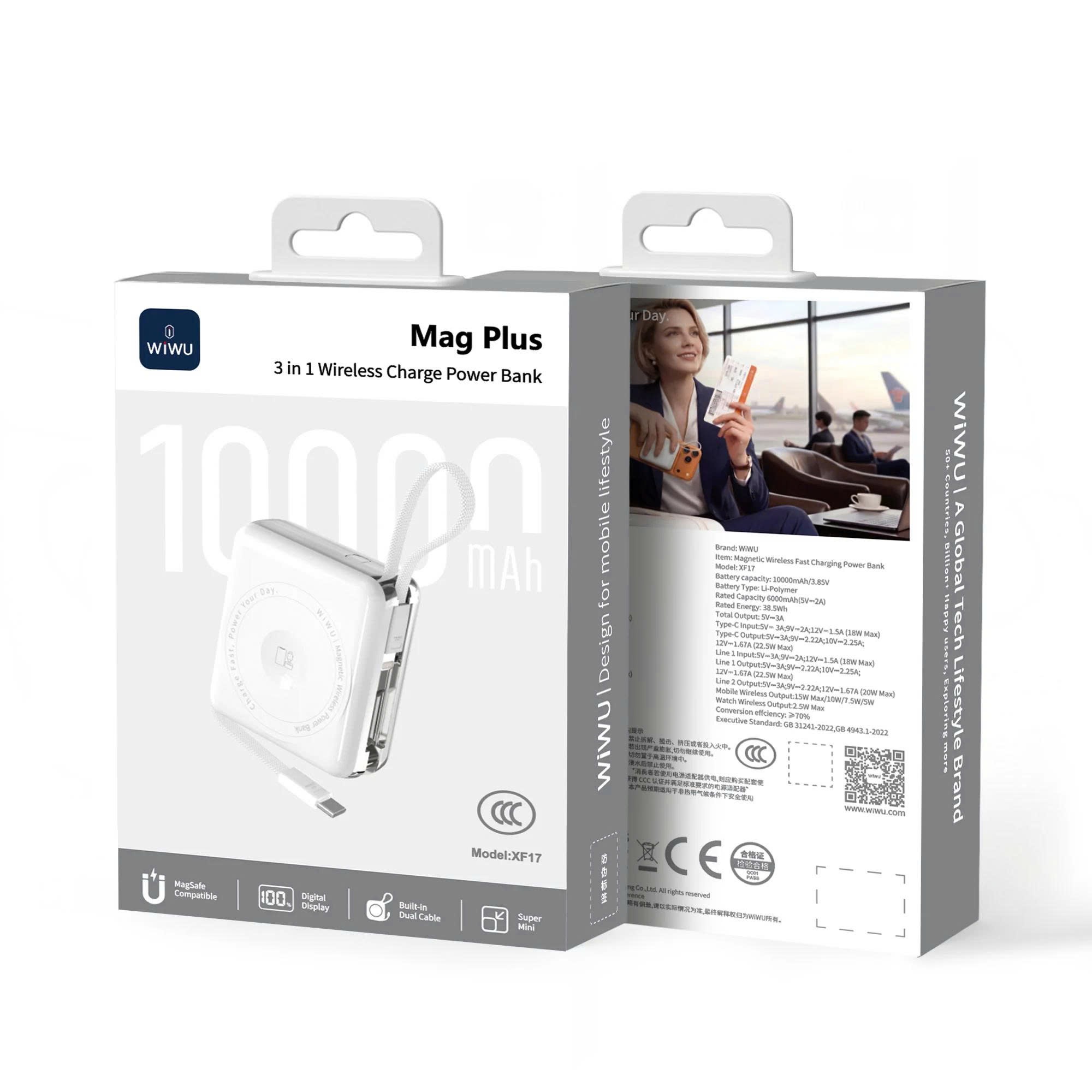 Pin sạc dự phòng sạc không dây từ tính 3in1 MagFusion Trio 10000Mah, kèm dây sạc Type-C + L(iP/iPad) WIWU XF17 cho iPhone iPad Apple watch Airpods - Sạc Magnetic 15W | PD20W | Cáp Type-C + L(iP/iPad) Tích Hợp | LED % Pin - Hàng nhập khẩu