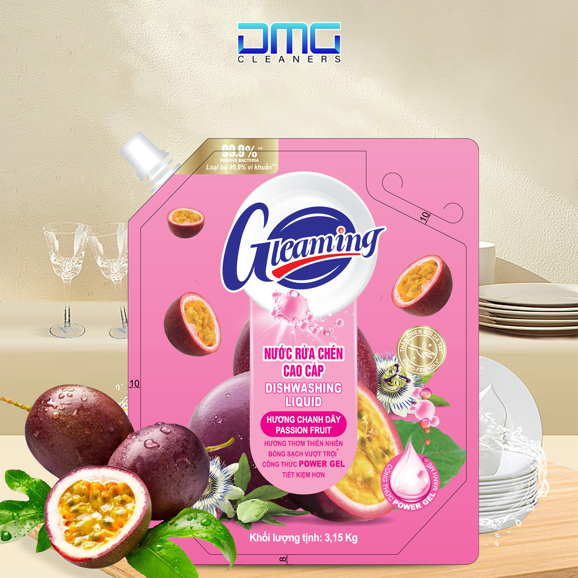 Túi Nước Rửa Chén Bát Cao Cấp Gleaming 3,15Kg Hương Chanh Dây