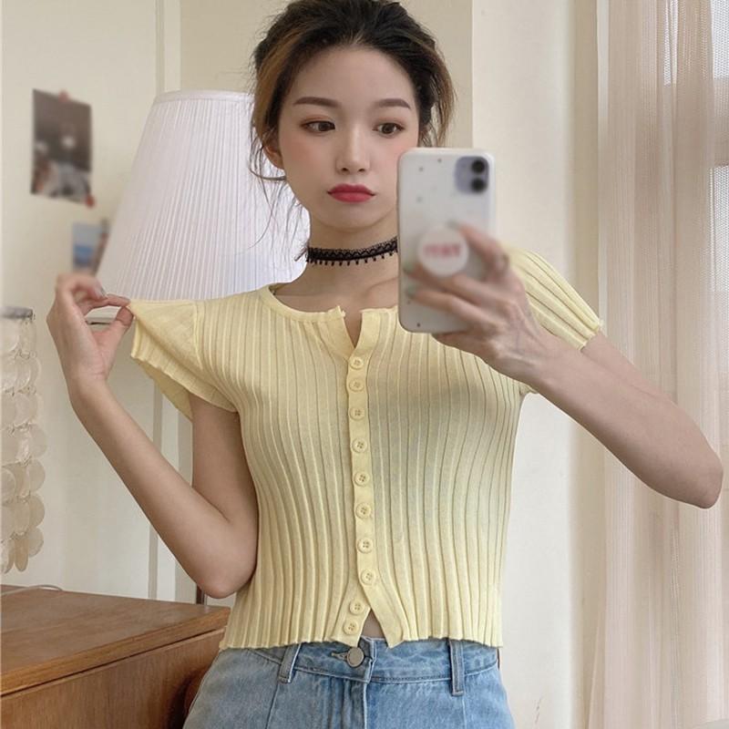 Áo Khoác Cardigan Ngắn Tay Cổ Chữ V Phối Nút Xinh Xắn Dành Cho Nữ