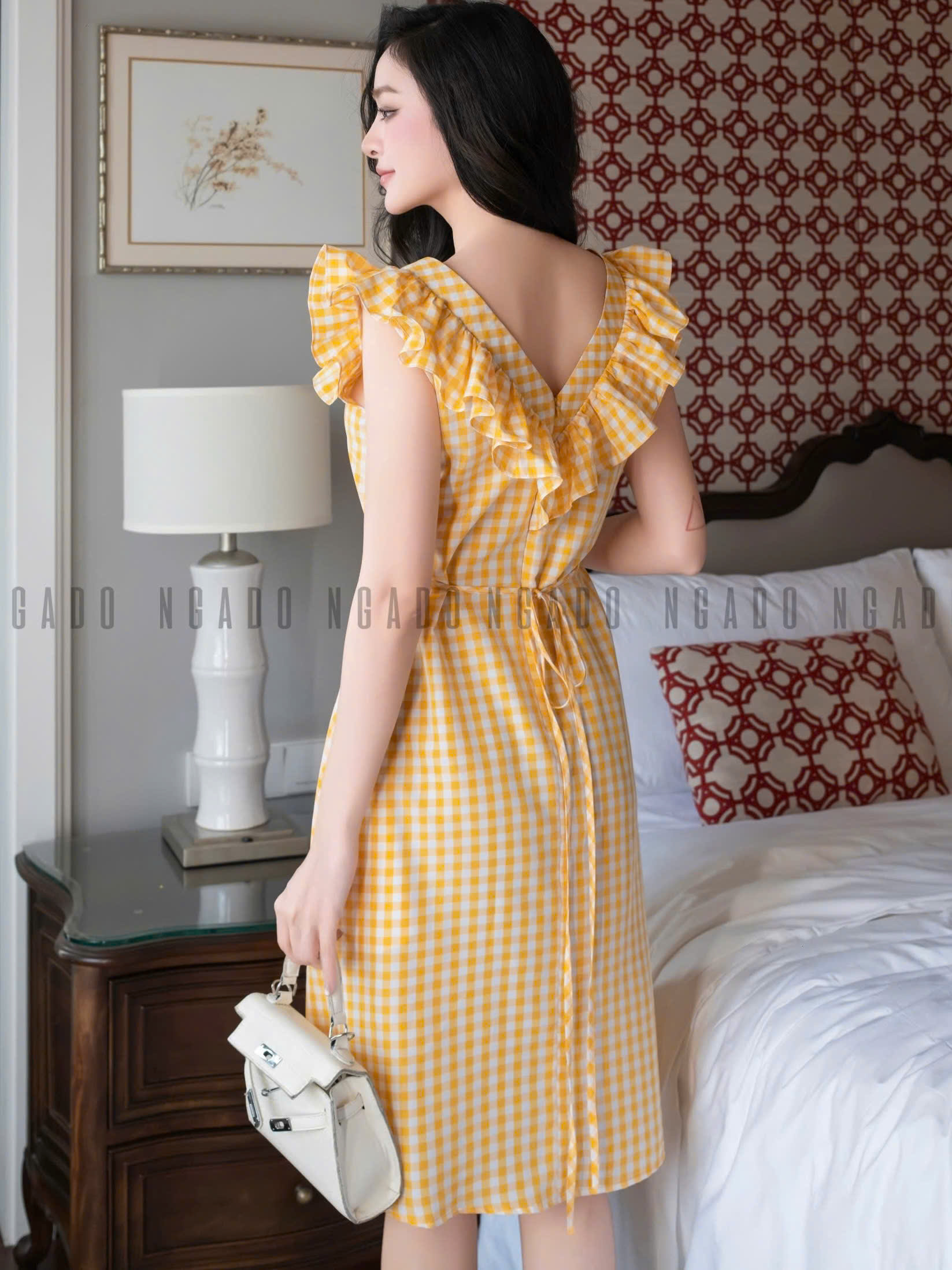 Đầm caro vàng phối cổ nhún NGADO , đầm caro , đầm kẻ ,  đầm dạo phố