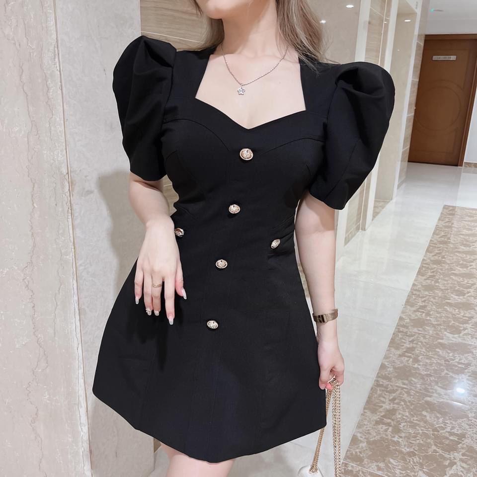 Đầm nữ dáng xòe cổ vuông tay ngắn phồng vai cài nút phù hợp mọi phong cách