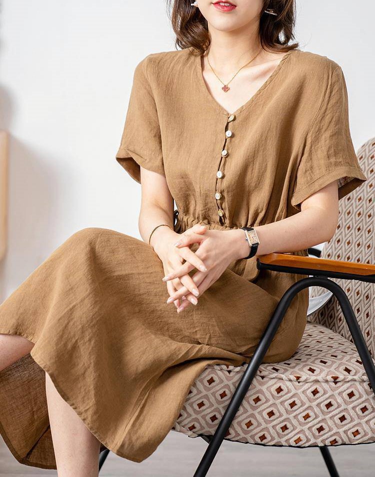 Váy sơ mi cổ V dáng suông dài basic kiểu Hàn Quốc, Đầm linen hè nữ thời trang Đũi Việt DV173