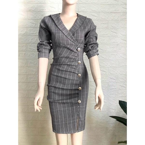 Đầm caro body thân nhún tay dài S.MLXL