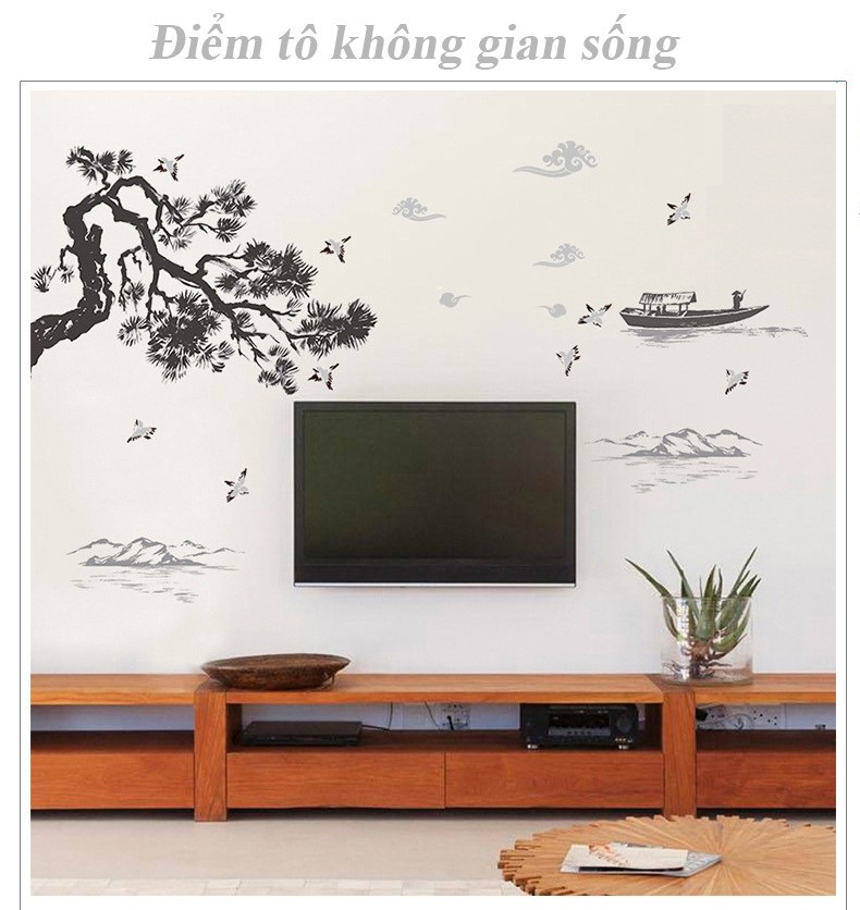 Decal trang trí tết combo cành đào yến hỷ + sơn thủy Á Đông