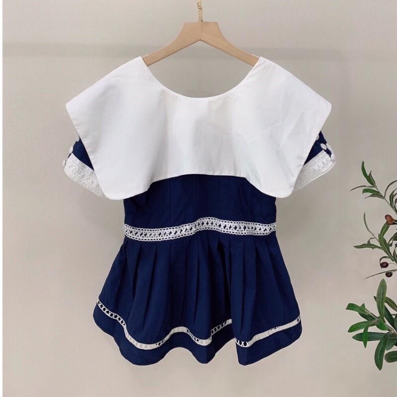 Áo peplum xanh phối trắng tiểu thư sang chảnh có size