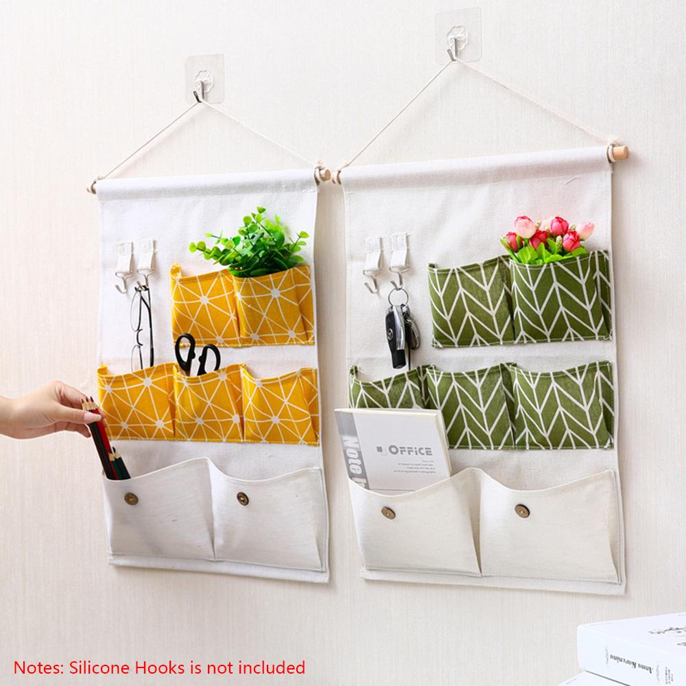 Túi vải treo tường bằng cottonlinen cao cấp với 7 ngăn đựngvà 2 móc đồ tiện dụng