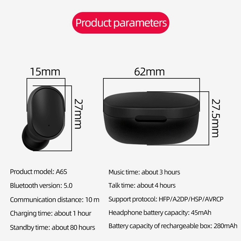 Tai Nghe Bluetooth 5.0 CAPARIES V5 A6S  - (Tai Nghe Không Dây) Chống Nước - Chống ồn - Tích Hợp Micro - Tự Động Kết Nối - Nhỏ gọn - Âm Thanh 8.0 HD - Tương Thích Cao Cho Tất Cả Điện Thoại - Chính Hãng