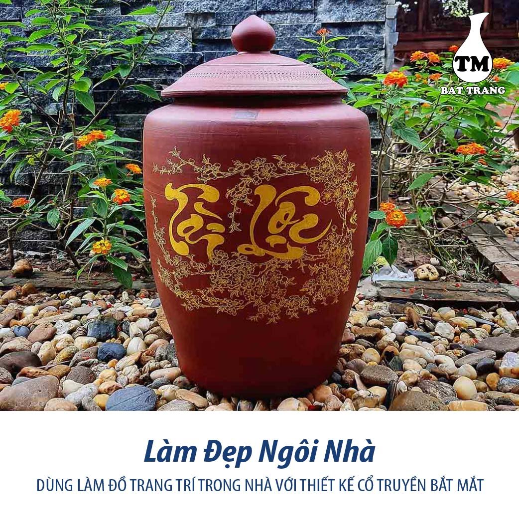 Hủ sành đựng gạo gốm sứ Bát Tràng có nắp màu nâu đỏ chữ Tài Lộc