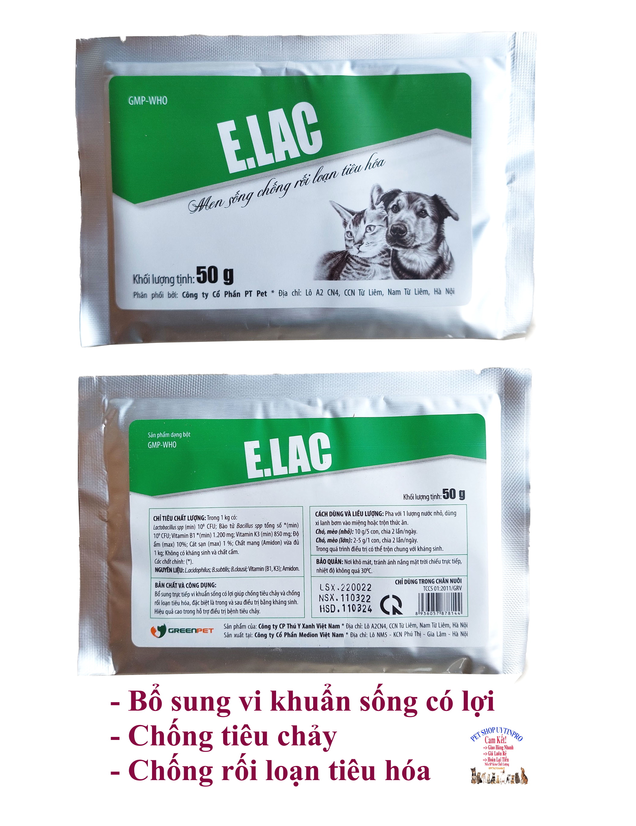 Men sống chống rối loạn tiêu hóa cho Chó Mèo E.Lac Gói 50g Bổ sung vi khuẩn Chống tiêu chảy có lợi Sx tại Việt Nam