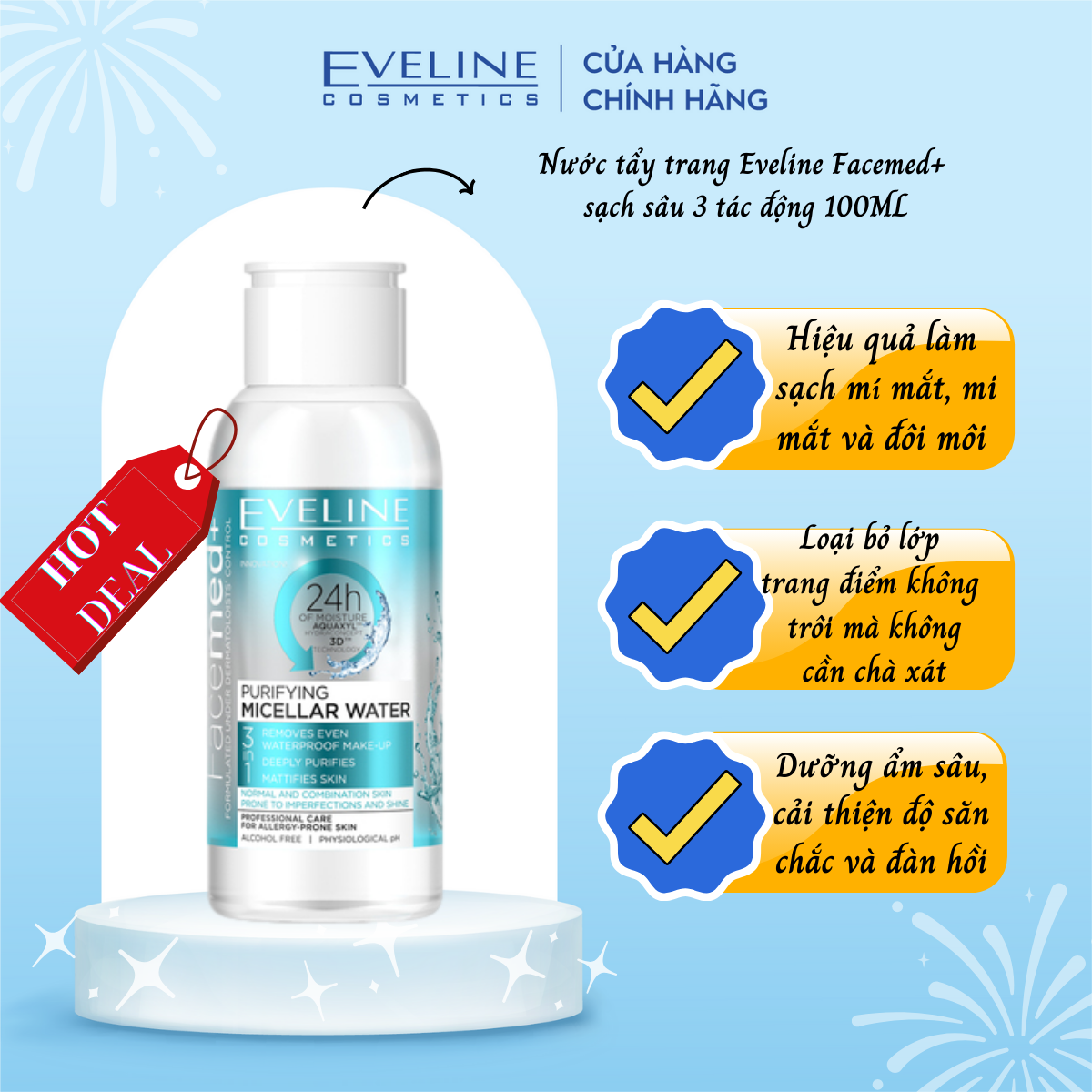 Nước tẩy trang Eveline Facemed+ mềm mịn da dành cho da thường và hỗn hợp 100ML