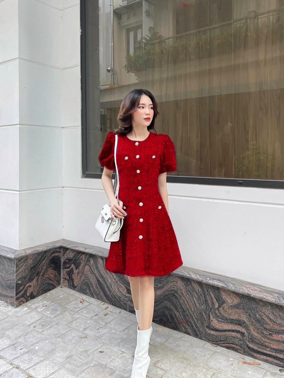 Đầm tay phồng phối nút ngọc sang chảnh - đầm nữ thời trang