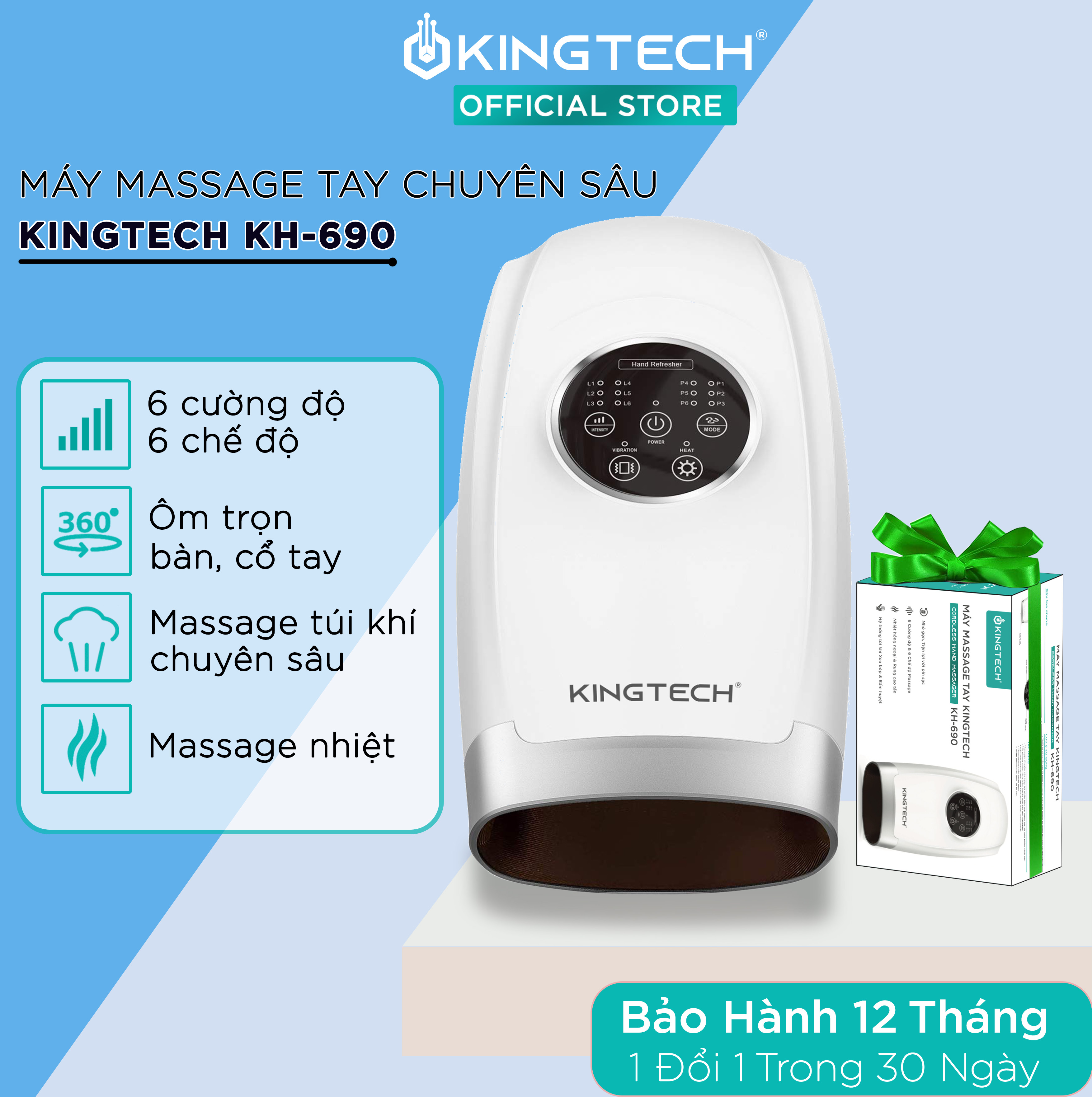 Máy Massage Tay Cao Cấp Kingtech - Mát Xa Trị Liệu Không Dây Tích Hợp Nhiệt, Lực Nén Túi Khí 6 Cấp Độ - Giúp Thư Giãn, Giảm Mỏi Khớp Ngón, Lòng Bàn Tay, - Quà Tặng Cho Người Thân