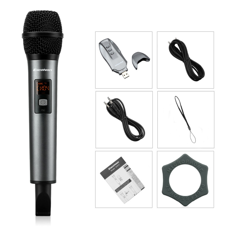 Micro Karaoke không dây Excelvan K18U, 02 mic, UHF (Xám, Đen) - Hàng Chính Hãng