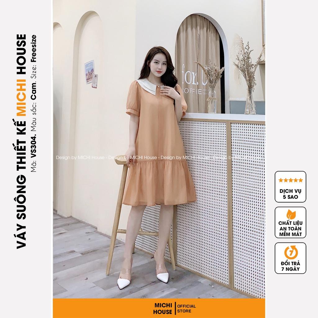 Váy suông Đuôi cá Ngắn tay Cổ trắng đính Cúc ngọc Freesize VS304 MICHI House Đầm xuông Thiết kế Form Bầu rộng Bigsize