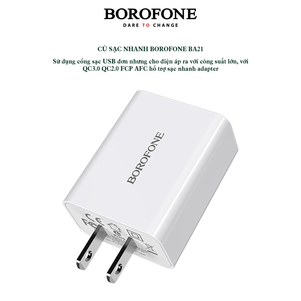 Củ Sạc Nhanh 18W - QC3.0 BOROFONE BA21 cổng USB hỗ trợ sạc nhanh 50% pin trong vòng 30p, có chip điều khiển dòng điện an toàn bảo vệ máy - Hàng Chính Hãng