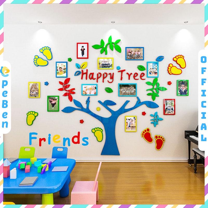 Tranh dán tường mica 3d decor khổ lớn - happy tree, trang trí mầm non, trang trí khu vui chơi trẻ em