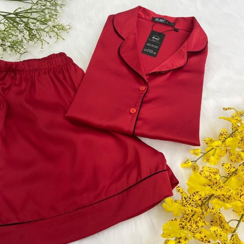 Bộ đồ Pijama lụa, đồ mặc nhà nữ VILADY - B125 kiểu quần đùi tay cộc họa tiết trơn, chất liệu lụa Pháp cao cấp - Màu đỏ đô