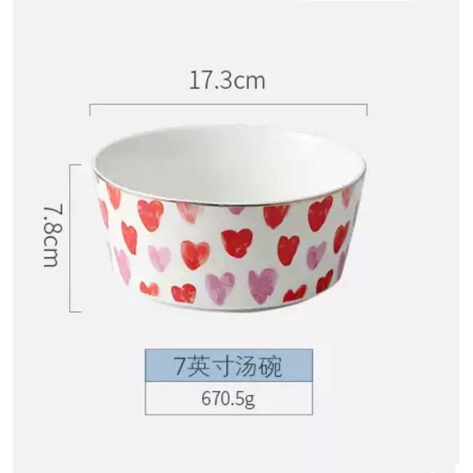 Bộ Chén Dĩa Sứ phong cách Bắc Âu Cao Cấp Tim đỏ viền vàng Decor