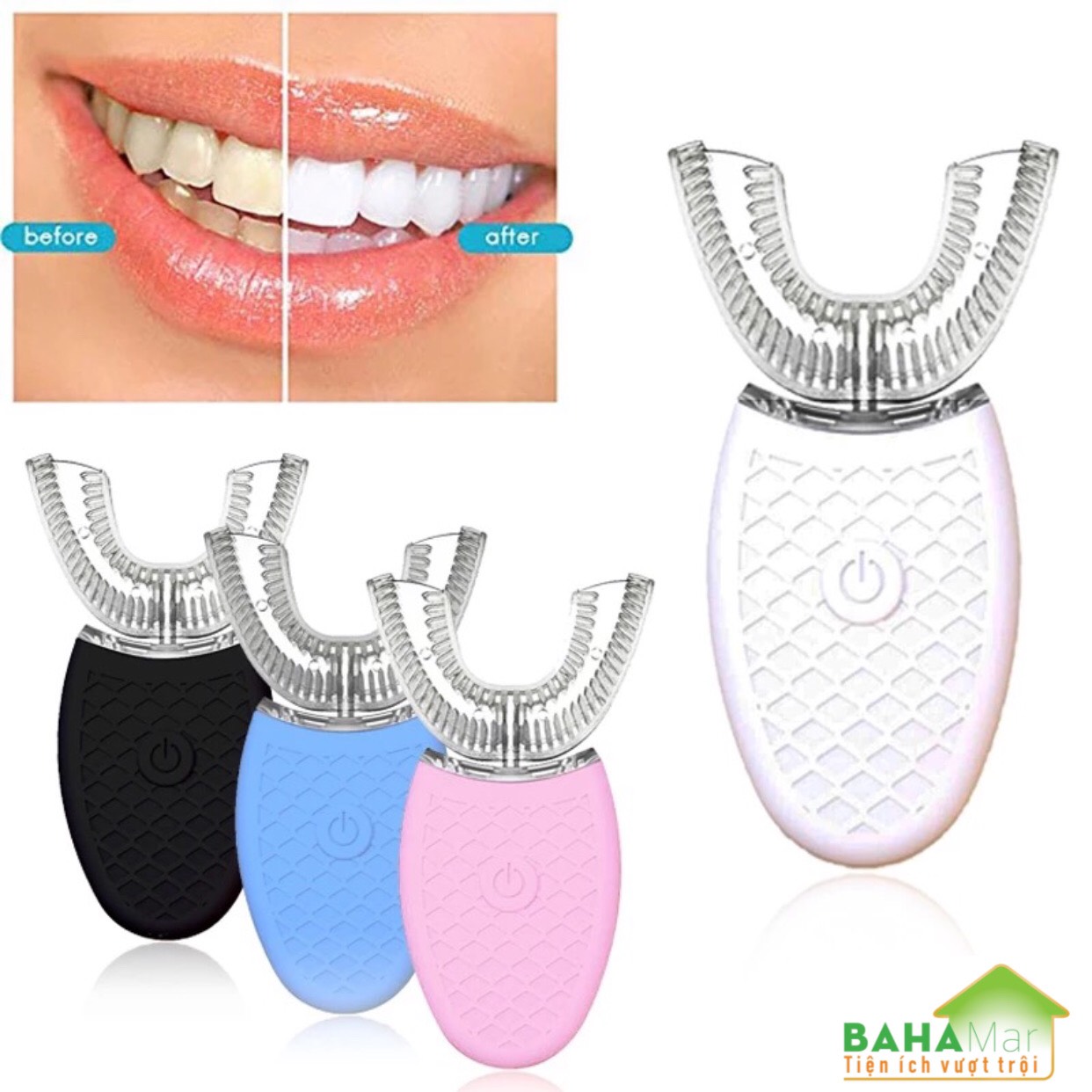 BÀN CHẢI ĐÁNH RĂNG ĐIỆN TỰ ĐỘNG CHỮ U 360 ĐỘ CÓ ÁNH SÁNG XANH KHỬ TRÙNG BAHAMAR làm cho việc đánh răng trở nên dễ dàng và sạch sẽ toàn bộ mặt trước