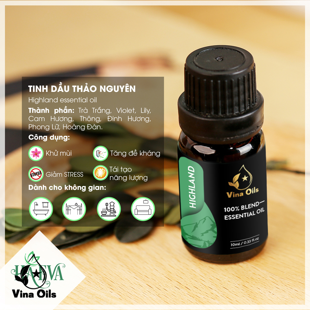 Tinh Dầu Thảo Nguyên Vina Oils 10ml - Highland Essential Oil 10ml - Chiết Xuất Từ Trà trắng, Violet, Lily, Cam Hương, Thông, Đinh Hương, Phong Lữ, Hoàng Đàn - Hương Thơm Thanh Mát, Dịu Nhẹ, Phảng Phất Hương Cỏ Đồng Nội Mang Đến Cảm Giác Mát Mẻ, Xua Tan Mọi Căng Thẳng