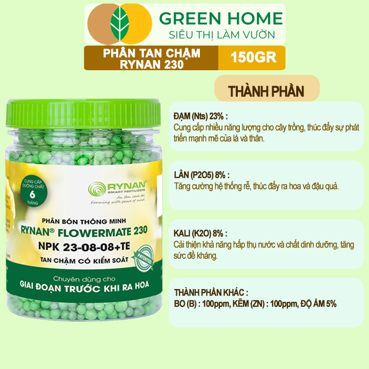 Phân tan chậm Rynan 230, chai 150gr, chuyên kiểng lá, dưỡng lá xanh, sinh trưởng khoẻ |Greenhome