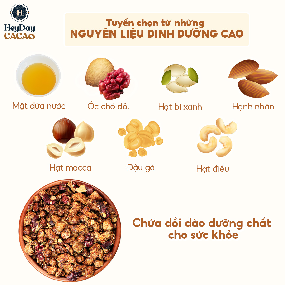 Granola nướng giòn tan - Vị Cacao túi 150g - Dùng mật dừa nước, 0 trái cây sấy, GI thấp - Hạt ngũ cốc giảm cân - HeydayCacao