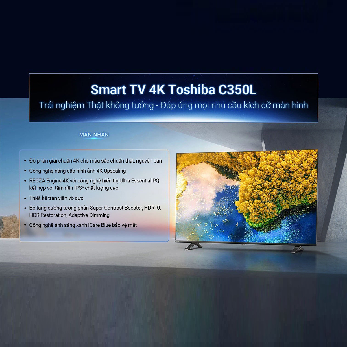 Google Tivi TOSHIBA 50 inch 50C350LP, Smart TV Màn Hình LED 4K UHD - Loa 24W - Hàng Chính Hãng