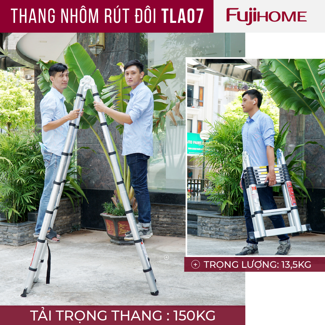 Hình ảnh Thang nhôm rút gọn chữ A FUJIHOME TLA07 ( Chiều cao chữ A 2,1m- Cao chữ I 4m- Rút gọn 0,9m - KHóa chốt an toàn, để chống trượt)  Hàng Chính hãng 