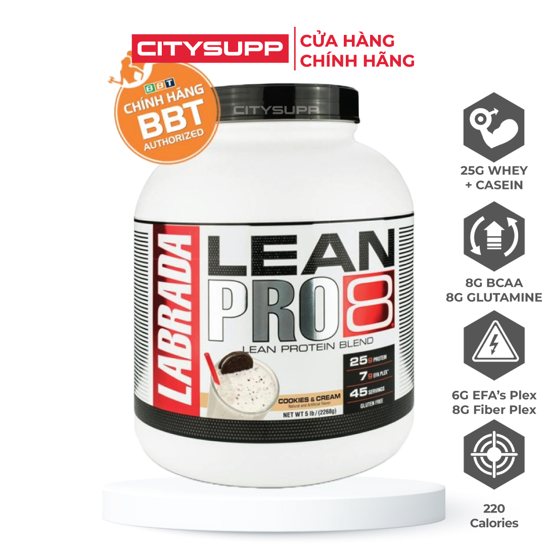 Labrada Lean Pro 8 (45 Servings), 25g Protein/Liều, Bổ sung 8 Loại Protein Cao Cấp Trải Dài, 8g EFAs Flex, 8g BCAA &amp; Glutamine, 4g Chất Xơ