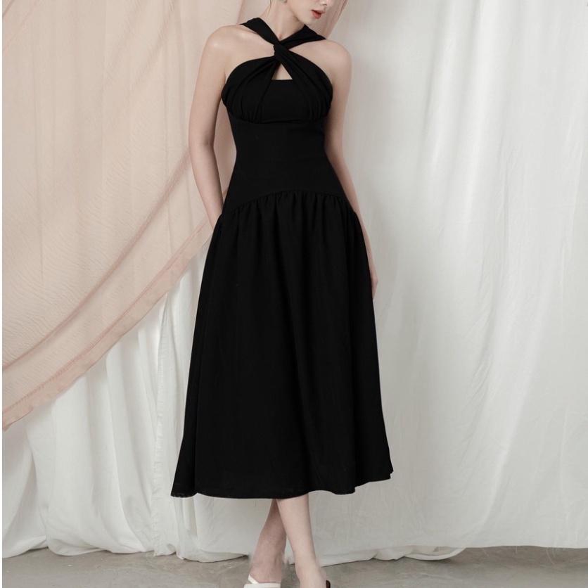 Đầm váy thiết kế maxi cổ chéo 100% cotton đen xòe dài midi hở lưng xếp ly đi biển dự tiệc dạo phố rẻ đẹp bigsize