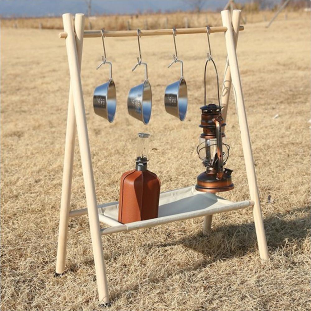 Giá đỡ treo dụng cụ bằng gỗ đi cắm trại có lớp lưới đựng tiện dụng