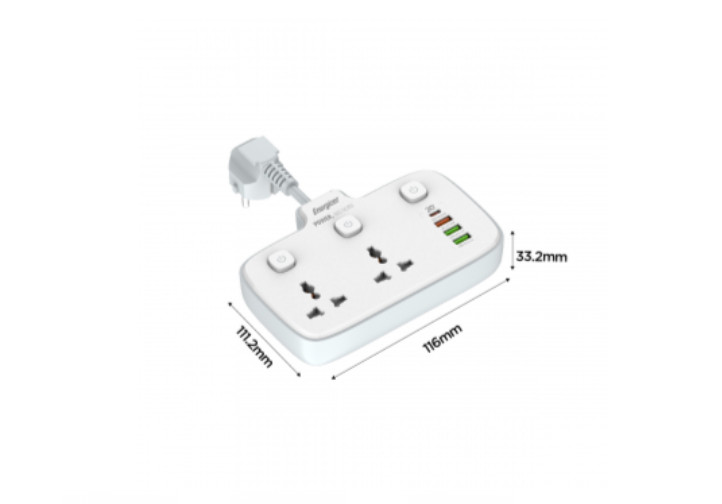 [ Hàng Chính Hãng ] Ổ điện đa năng Energizer EPB2503EU 2 cổng kèm 3USB-A và 1USB-C sạc nhanh PD, chịu tải 2500W