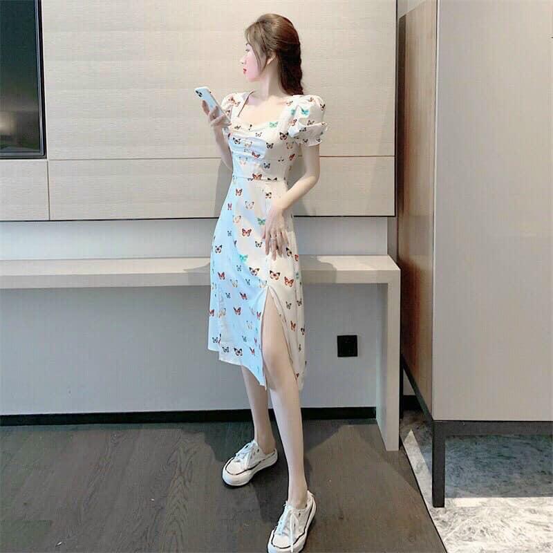 Đầm xẻ tà dáng suông nhún ngực tay phồng tiểu thư