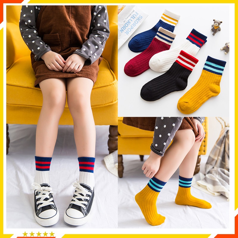 HÀNG ĐẸP LOẠI 1 Set 5 tất trẻ em cao cổ kẻ viền Hàn Quốc cho bé 3-7 tuổi