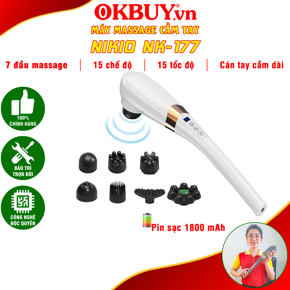 Máy massage cầm tay thư giãn toàn thân Nikio NK-177 - Pin sạc - 7 đầu massage