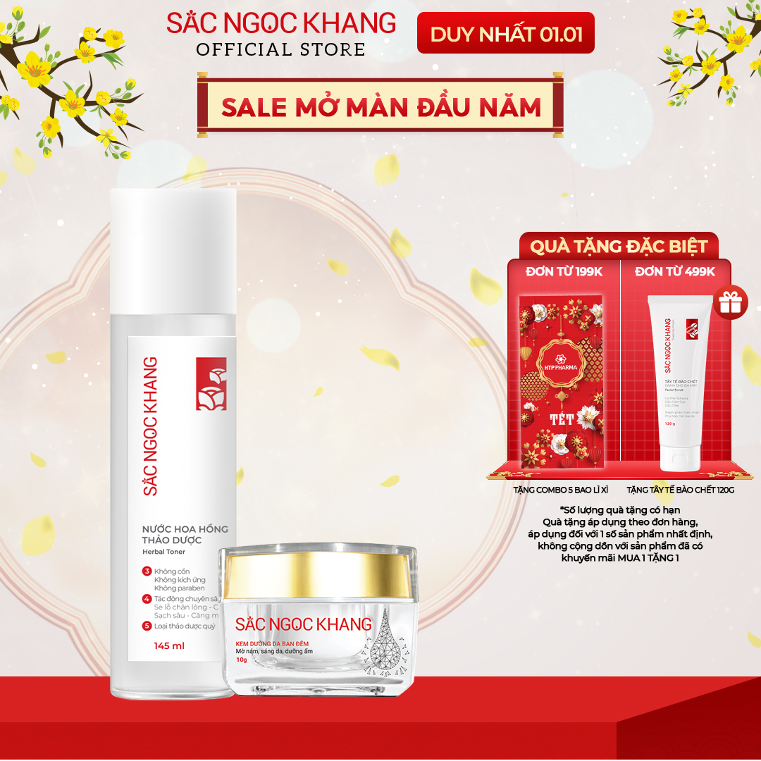 Combo dưỡng Nước hoa hồng 145ml + kem dưỡng da ban đêm 10g Sắc Ngọc Khang