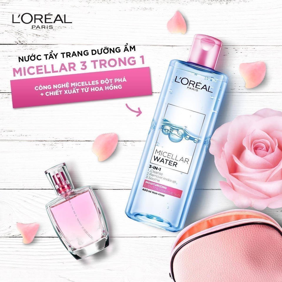 [L'OREAL PARIS] Nước Tẩy Trang Cho Da Khô Nhạy Cảm Giúp Sạch Sâu Ẩm Mịn Micellar Water 3-in-1 Moisturizing 400/95ml