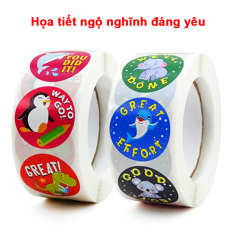 Cuộn 500 sticker nhãn dán khích lệ khen thưởng học tập cho bé yêu với nhiều họa tiết kèm slogan khiến những giờ học thêm sinh động – ST010