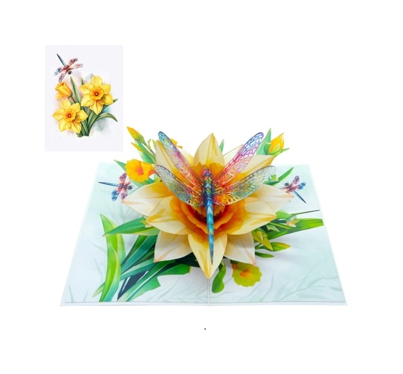 Thiệp 3D Chuồn Chuồn &amp; Hoa Thủy Tiên Vàng – Thiệp Pop Up Nghệ Thuật, Độc Đáo, Sang Trọng, F51