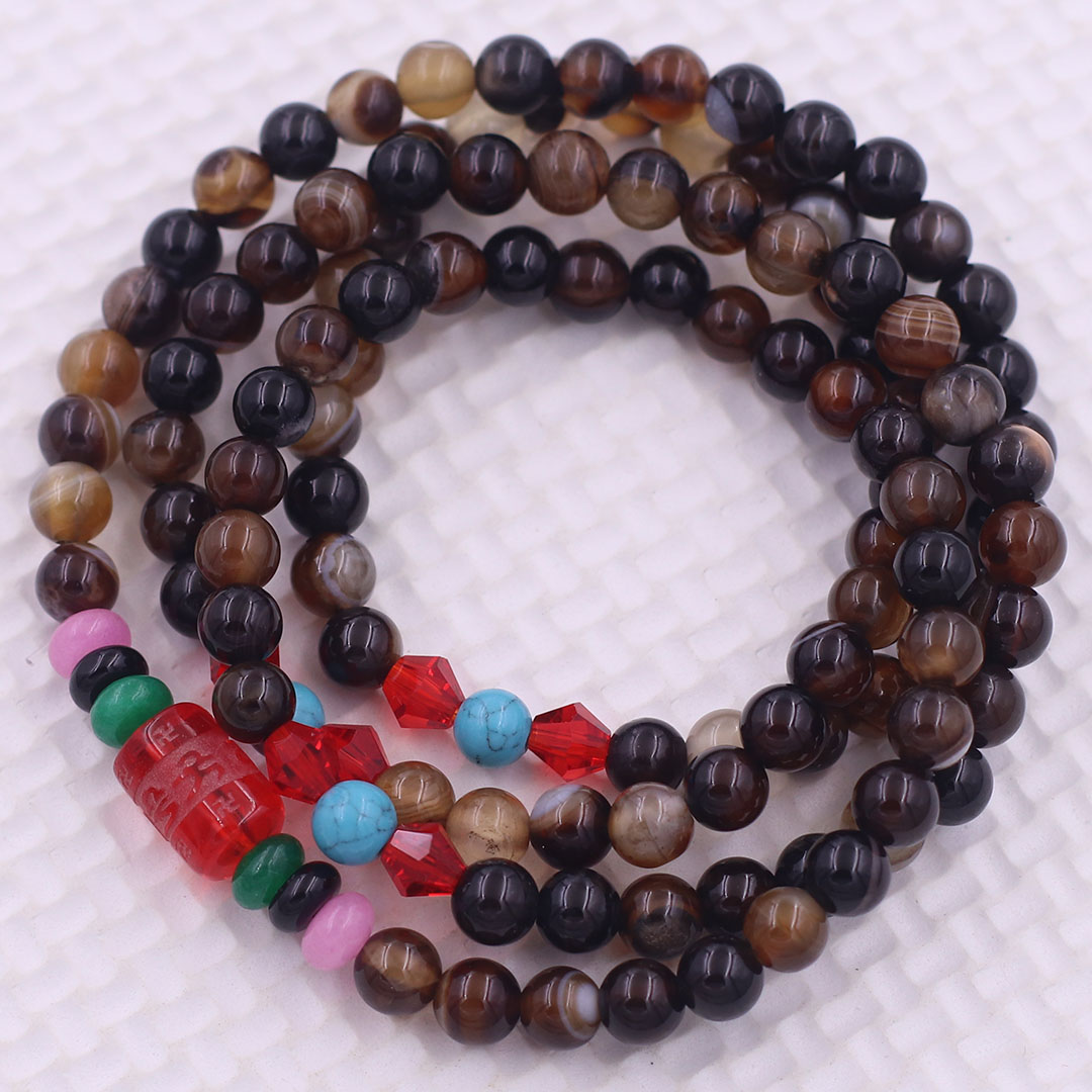 Vòng chuỗi 108 hạt mã não nâu sọc charm lục tự kim ngôn - hạt 8 ly , vòng chuỗi niệm Phật, vòng chuỗi đeo tay